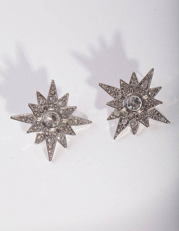 Rhodium Pointed Star Diamante Earrings