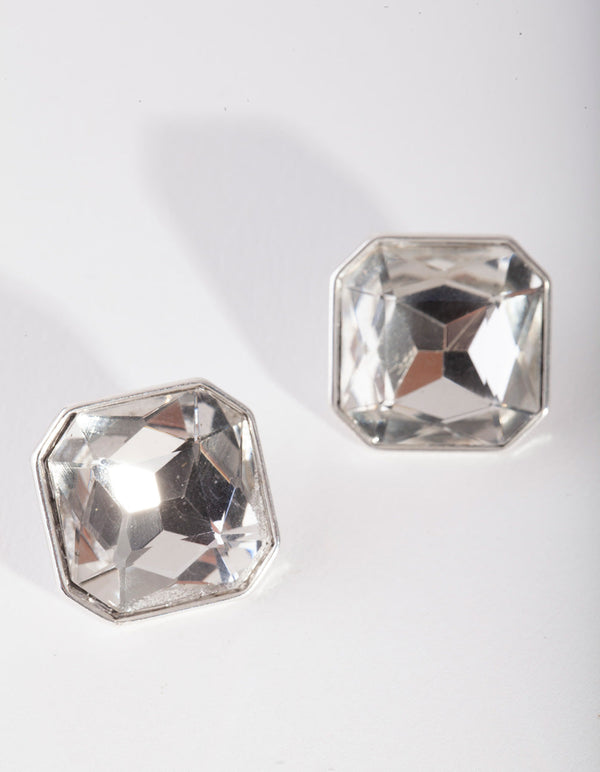Silver Edge Square Diamond Stud Earrings
