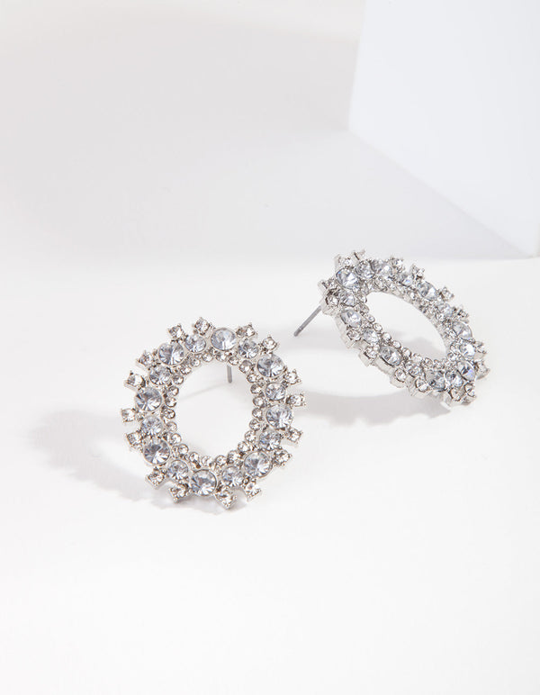 Rhodium Diamante Open Oval Stud Earrings