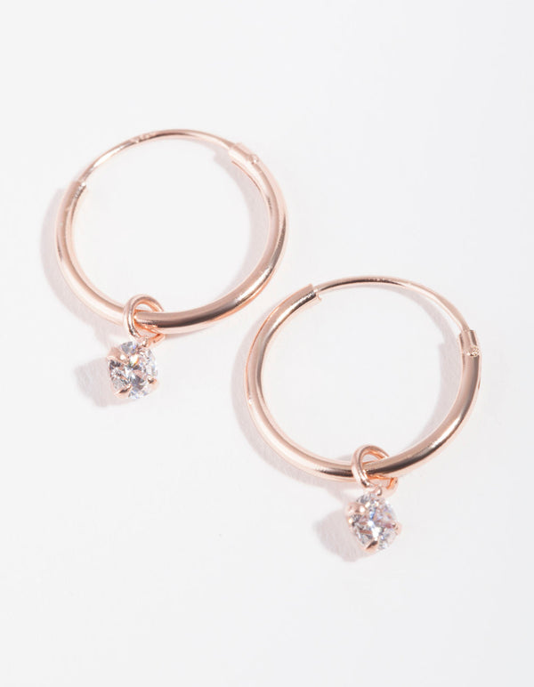 Rose Gold Plated Sterling Silver Cubic Zirconia Dangle Hoop Earrings