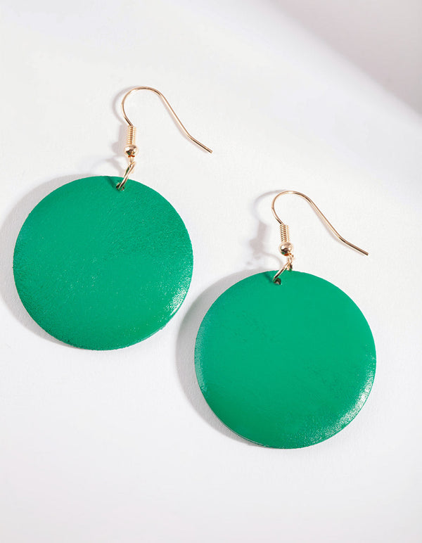 Green Wood Circle Drop Earrings