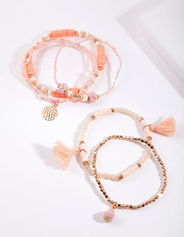 Gold Pink Tassel Bracelet 6-Pack