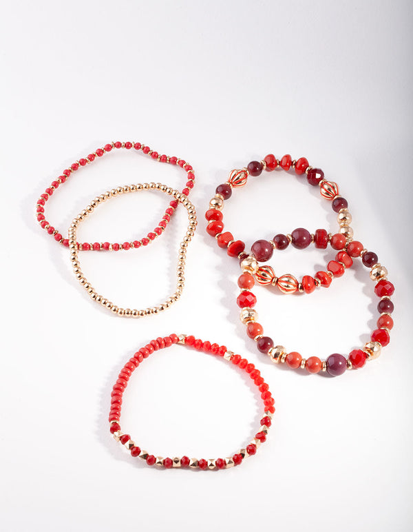 Red Multi Bead Stretch Bracelet 5-Pack