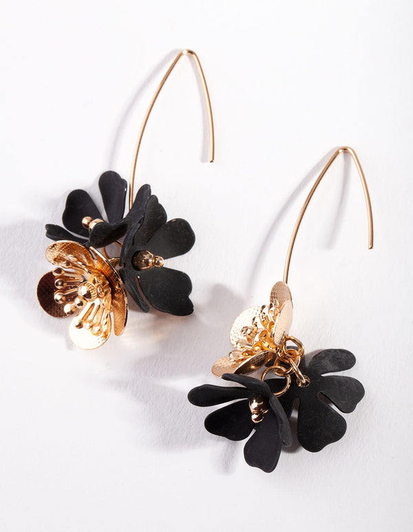 Black Gold Textured 3D Flower Earrings