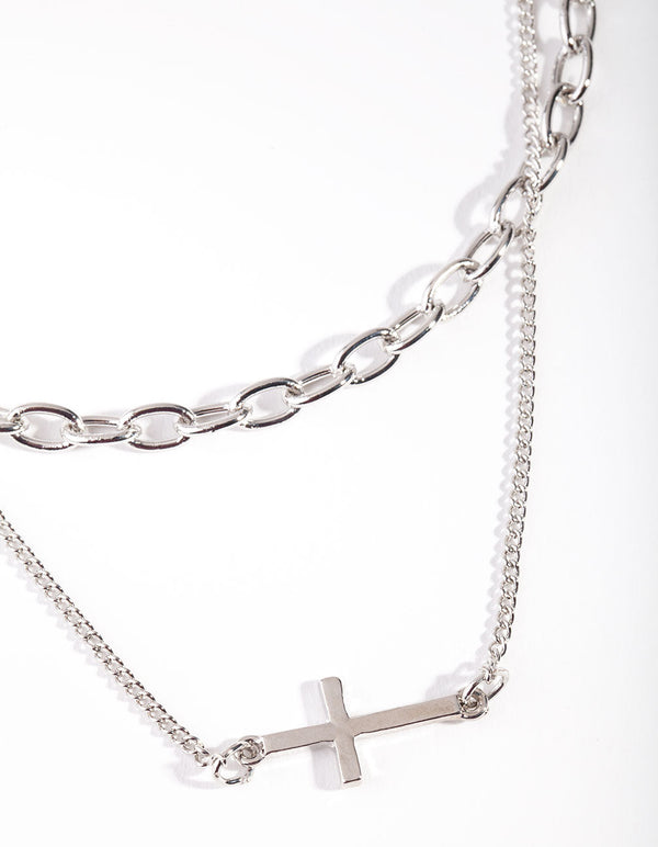 Rhodium Chain Cross Layered Necklace