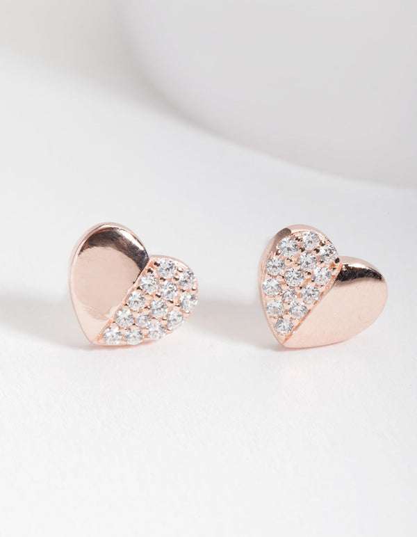 Rose Gold Plated Sterling Silver Half Pave Heart Earrings