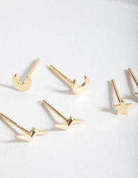 Gold Plated Sterling Silver Celestial Stud Earrings Trio - link has visual effect only