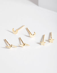 Gold Plated Sterling Silver Celestial Stud Earrings Trio - link has visual effect only