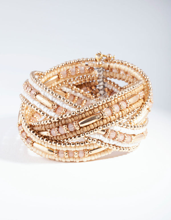 Gold Plaited Multi Bead Cuff Bracelet