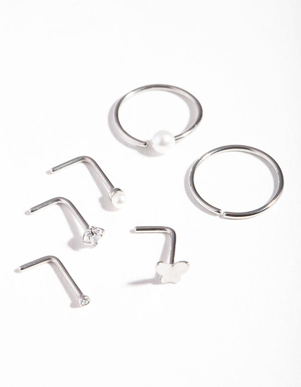 Surgical Steel Pearl Butterfly Nose Ring 6-Pack
