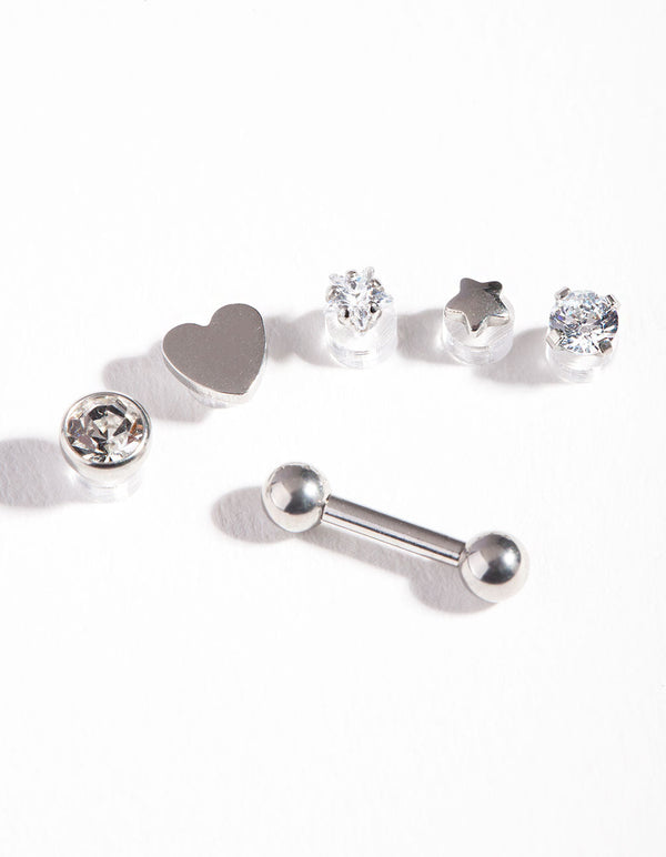 Rhodium Surgical Steel Cubic Zirconia Heart Barbell 6-Pack