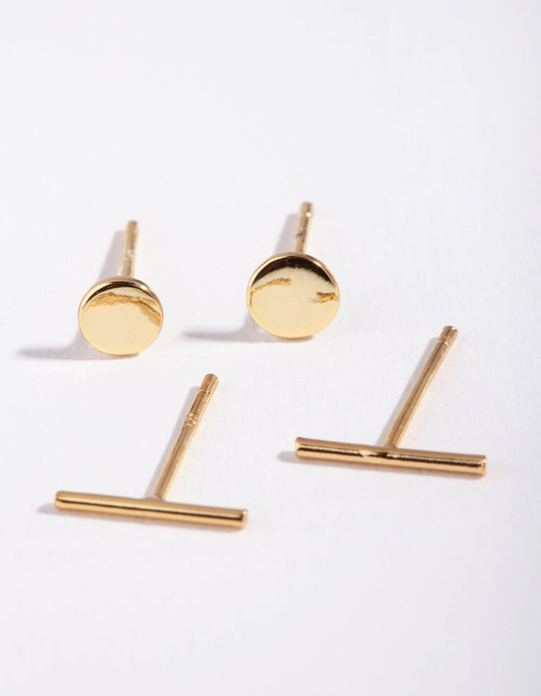 Gold Plated Sterling Silver Disc & Line Stud Earring Pack
