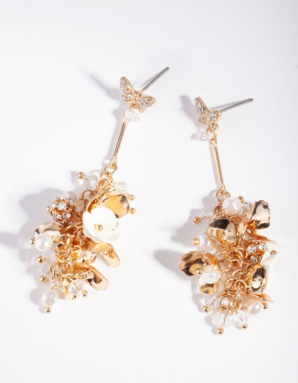 Gold Floral Bead Butterfly Earrings