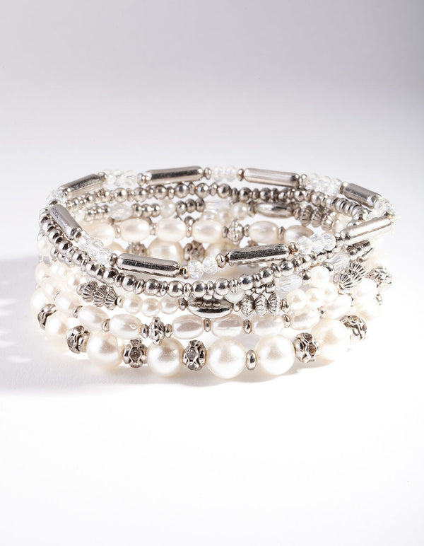 Rhodium Pearl Mixed Bead Bracelet 6-Pack