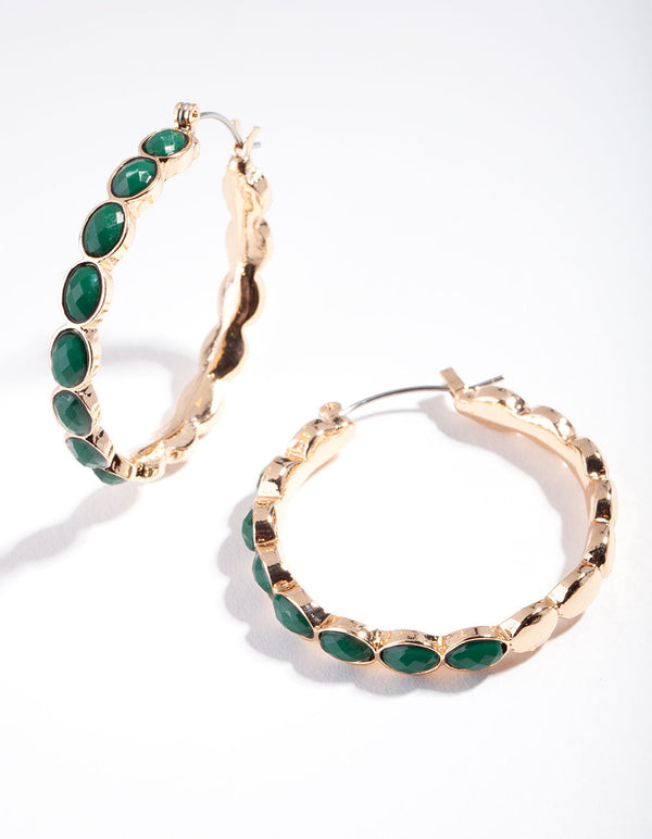 Gold Green Facet Bead Hoop Earrings
