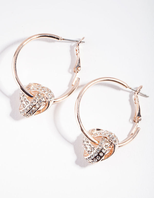 Rose Gold Pave Diamante Knot Hoop Earrings