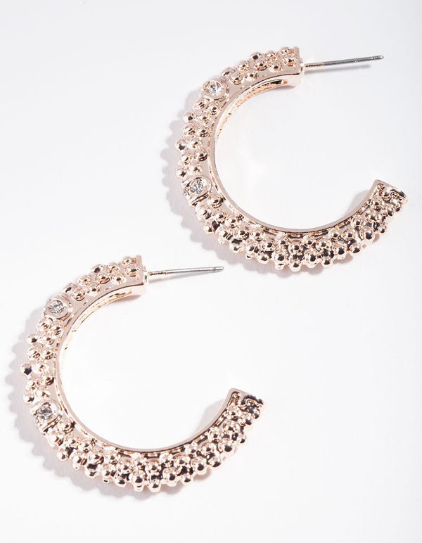 Rose Gold Beaded Textured Open Hoop Earrings