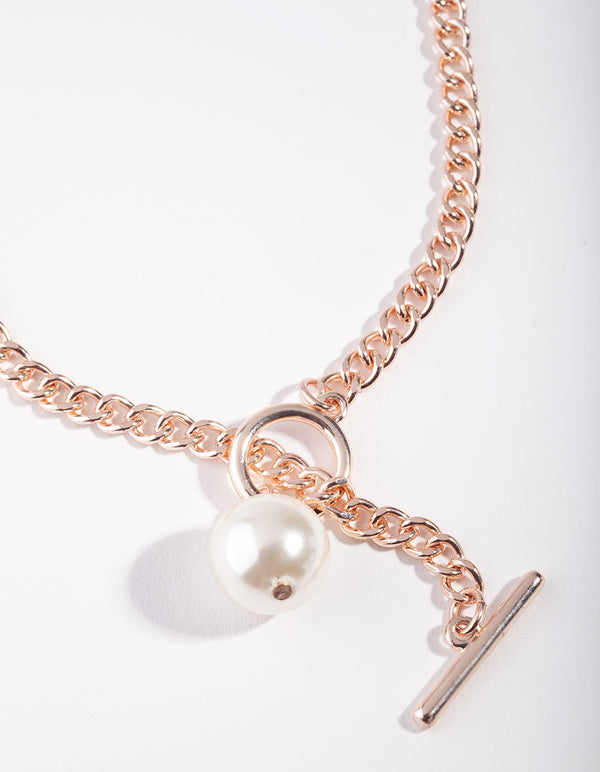 Rose Gold Pearl T-Bar Necklace