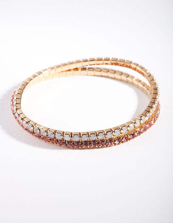 Gold Pink Multi Diamante Bracelet Set