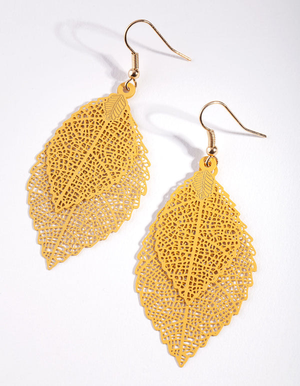 Gold Filigree Leaf Drop Earrings