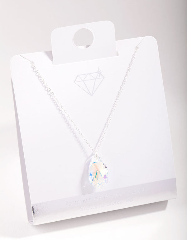 Sterling Silver Diamond Simulant Teardrop Pendant Necklace