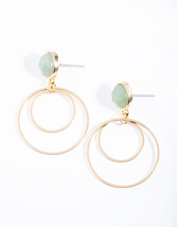 Gold Jade Stone Stud Double Drop Earrings