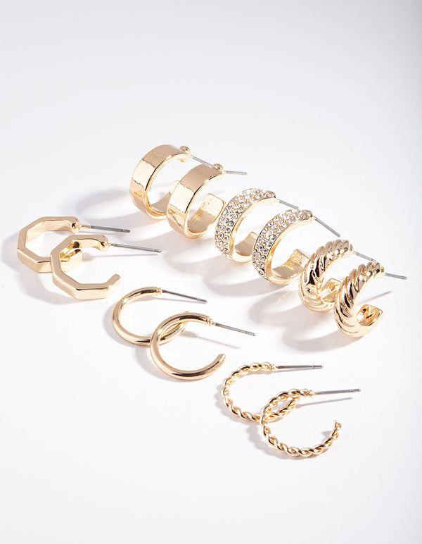 Gold Textured & Diamante Hoop Earring 6-Pack