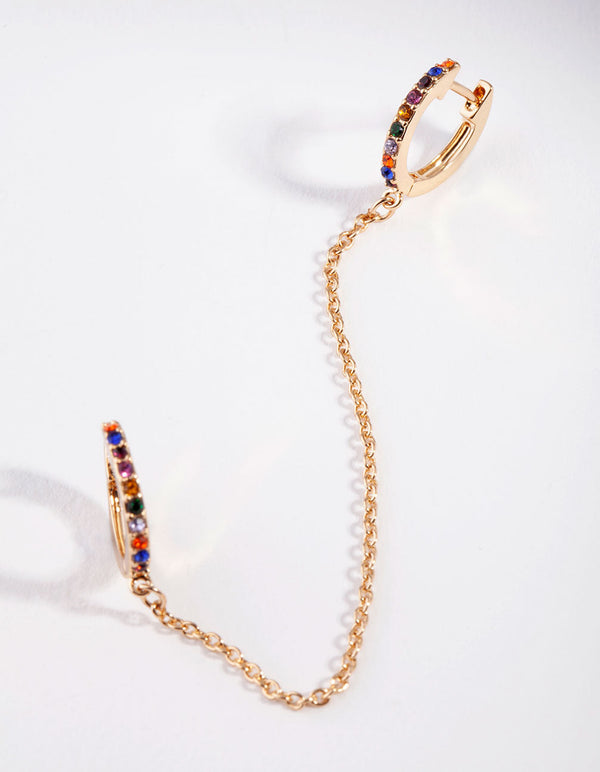 Gold Rainbow Diamante Chain Huggie Earrings