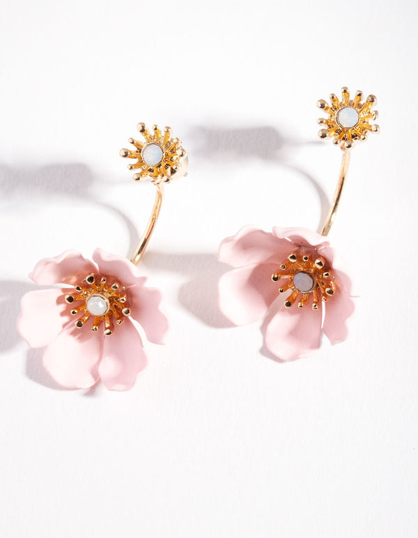 Rose Gold Pink Flower Jacket Earrings