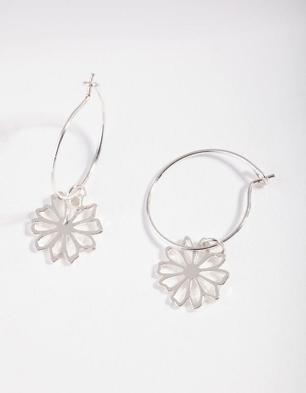 Silver Dainty Flower Charm Hoop Earrings