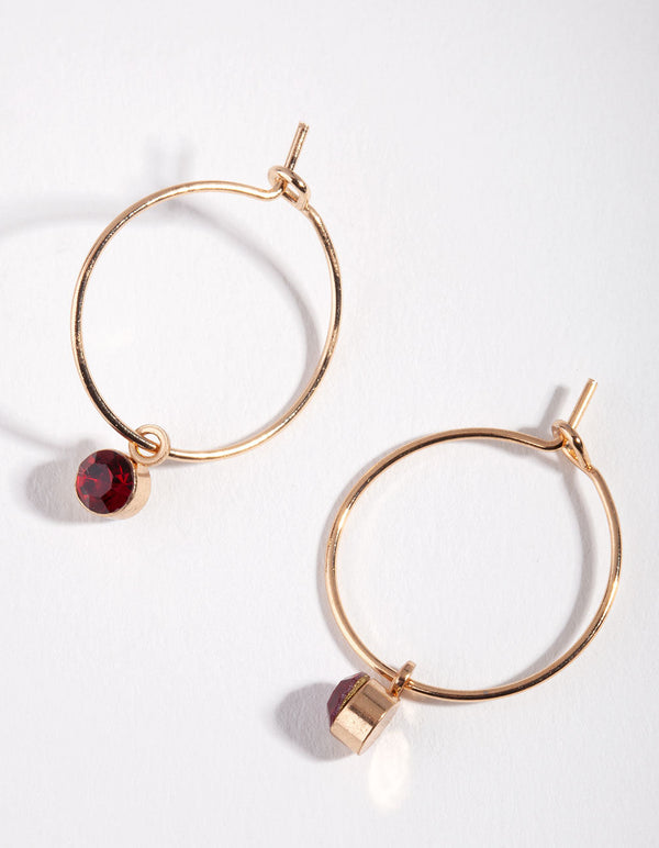 Gold Red Stone Fine Hoop Earrings
