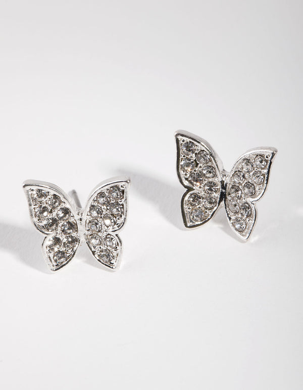 Silver Diamante Butterfly Stud Earrings