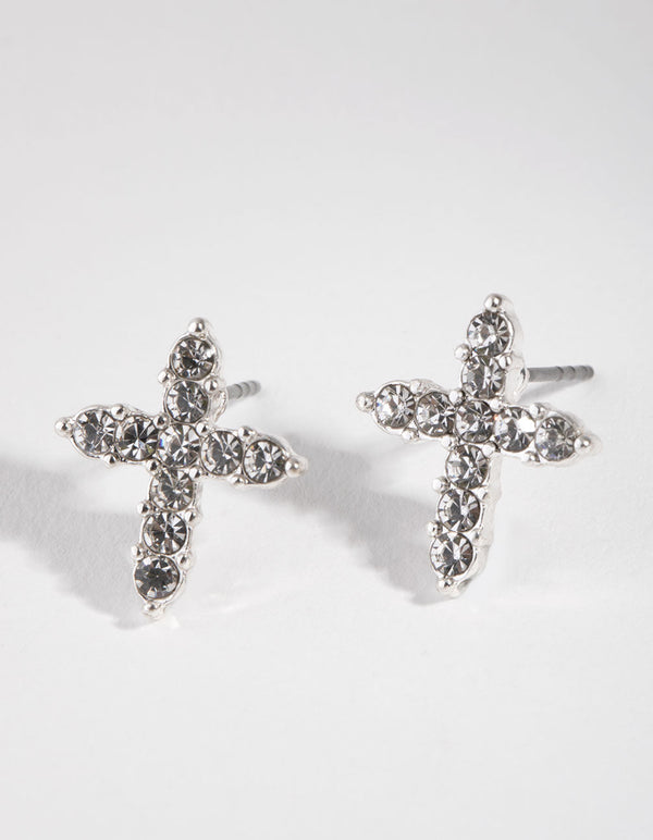 Silver Diamante Encrusted Cross Earrings