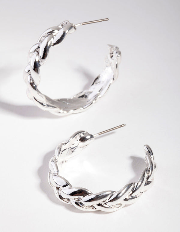 Silver Plaited Medium Hoop Earrings