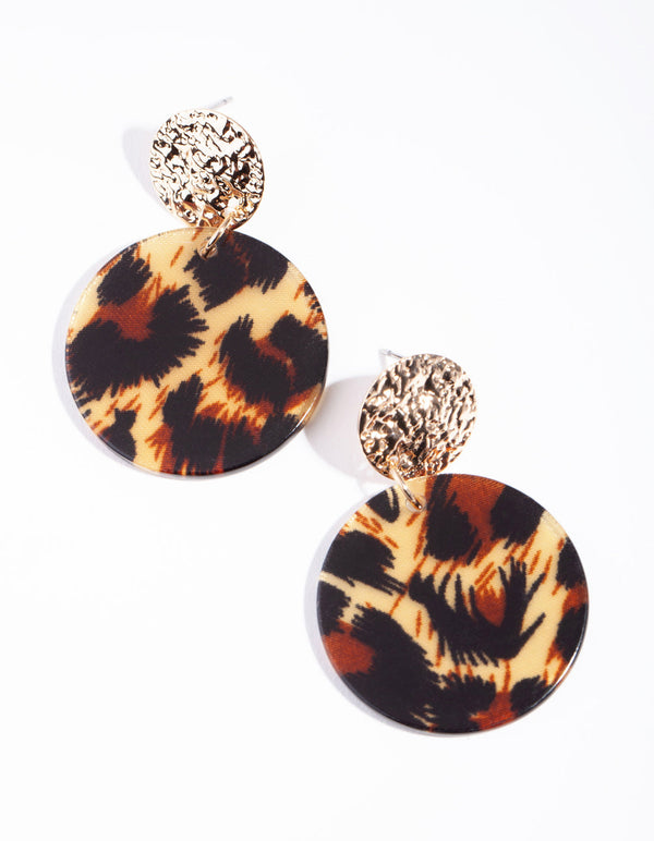 Gold Leopard Disc Drop Earrings