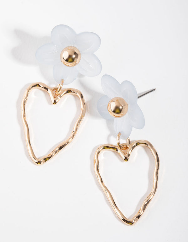 Gold Floral Heart Drop Earrings