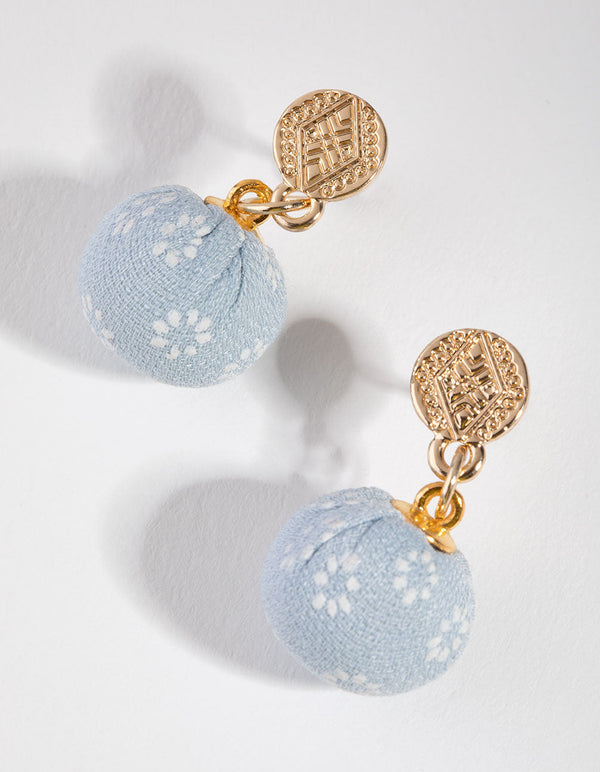 Gold Fabric Ball Drop Earrings