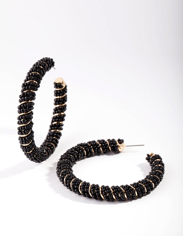 Black & Gold Bead Twist Hoop Earrings