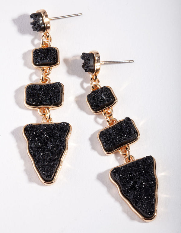 Gold Black Textured Geometric Stone Drop Earrings