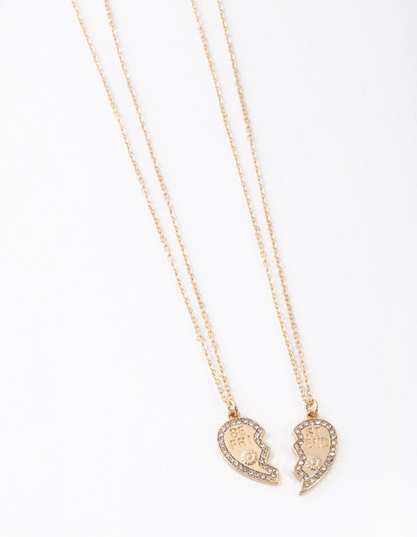 Gold Diamante Best Friend Half Heart Necklace Pack