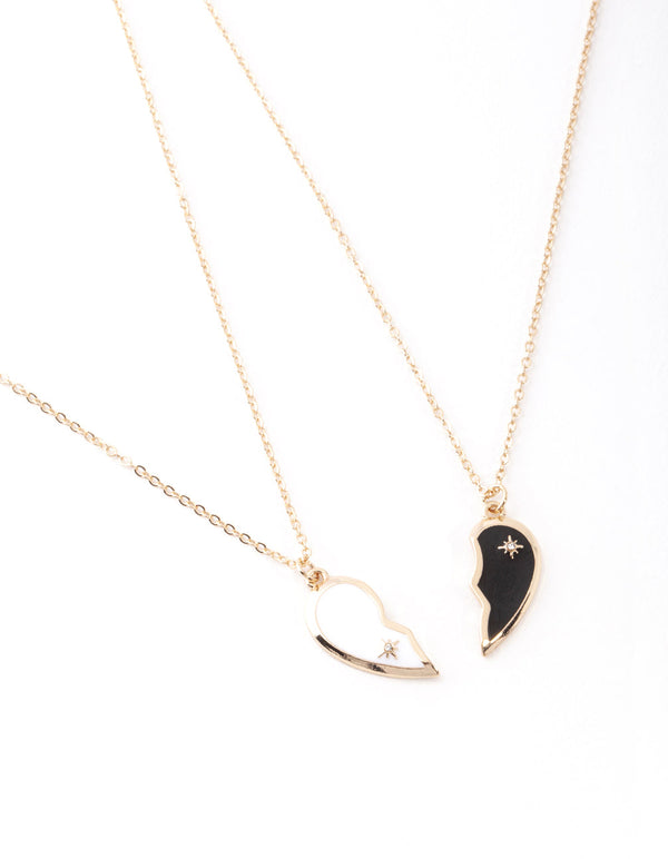 Gold Black & White Half Heart Yin & Yang Necklace Pack