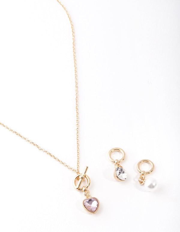 Gold Pearl & Diamante Heart Charm Necklace