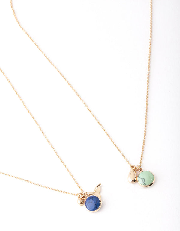 Gold Blue & Turquoise Stone Charm Necklace Pack