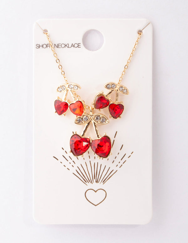 Gold Red Cherry Diamante Necklace & Earrings Set