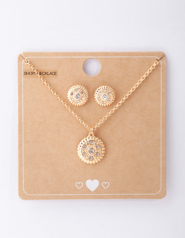 Gold Diamante Textured Necklace & Earring Set
