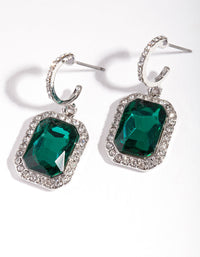 Rhodium Green Square Huggie Earrings - link has visual effect only
