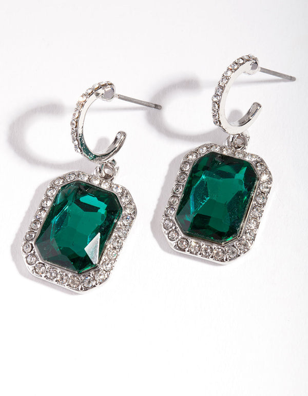 Rhodium Green Square Huggie Earrings