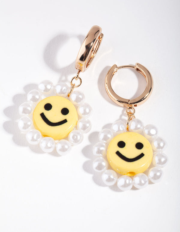 Gold Smiley Pearl Drop Earrings