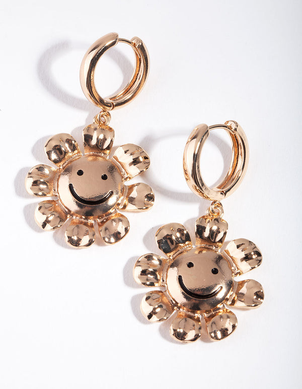 Gold Smiley Flower Drop Earrings