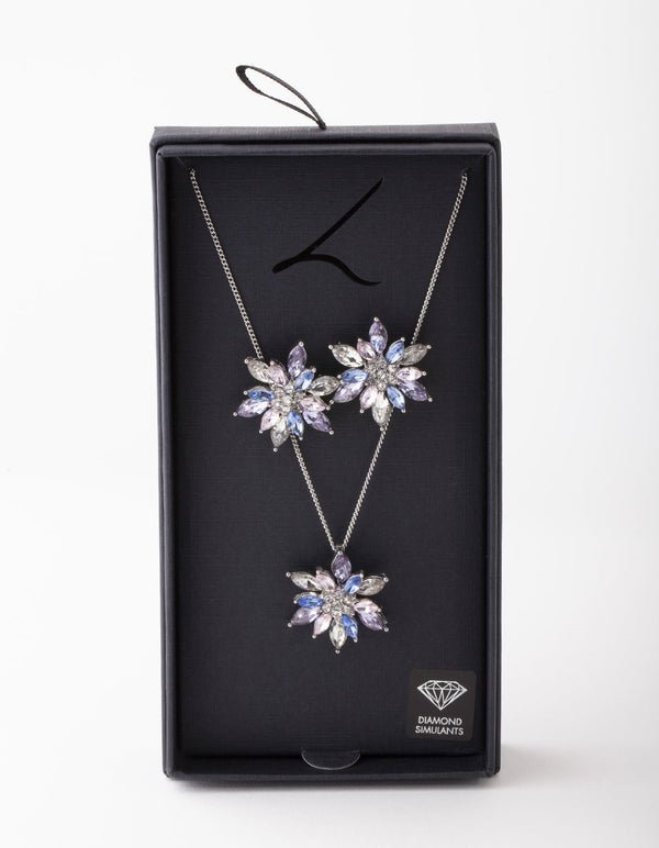 Rhodium Flower Earring & Necklace Set